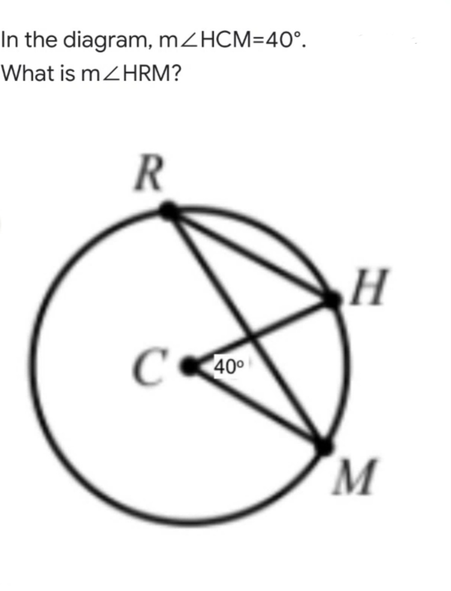 In the diagram, MZHCM=40°.
What is mZHRM?
400
M
