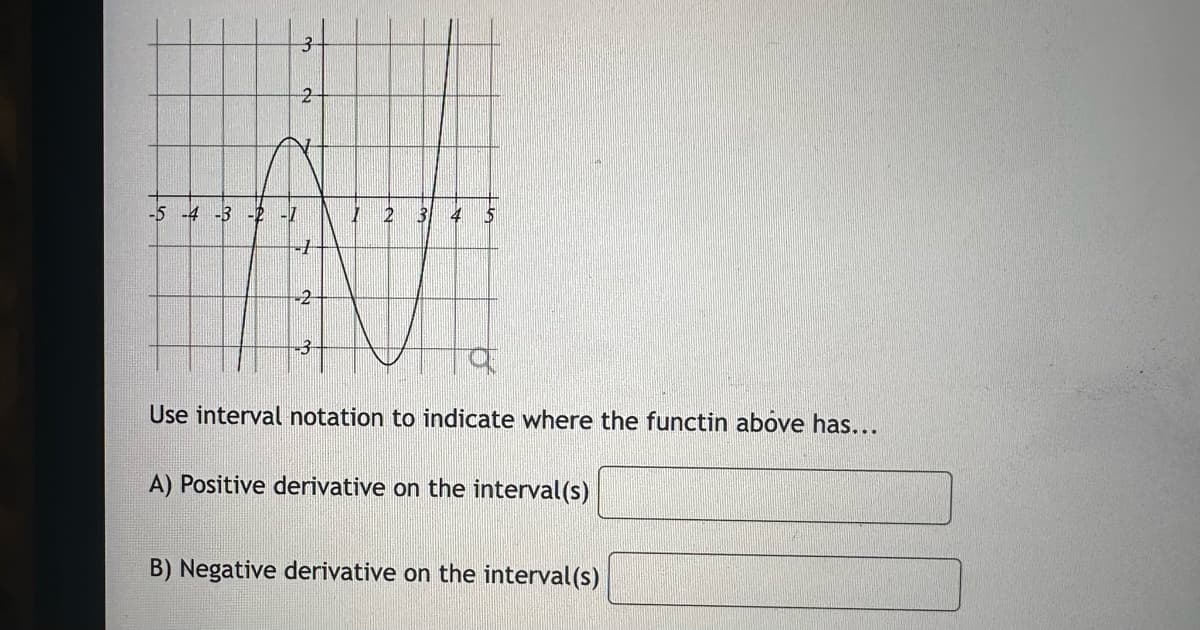 -5 -4 -3
3
-3
Use interval notation to indicate where the functin above has...
A) Positive derivative on the interval(s)
B) Negative derivative on the interval(s)