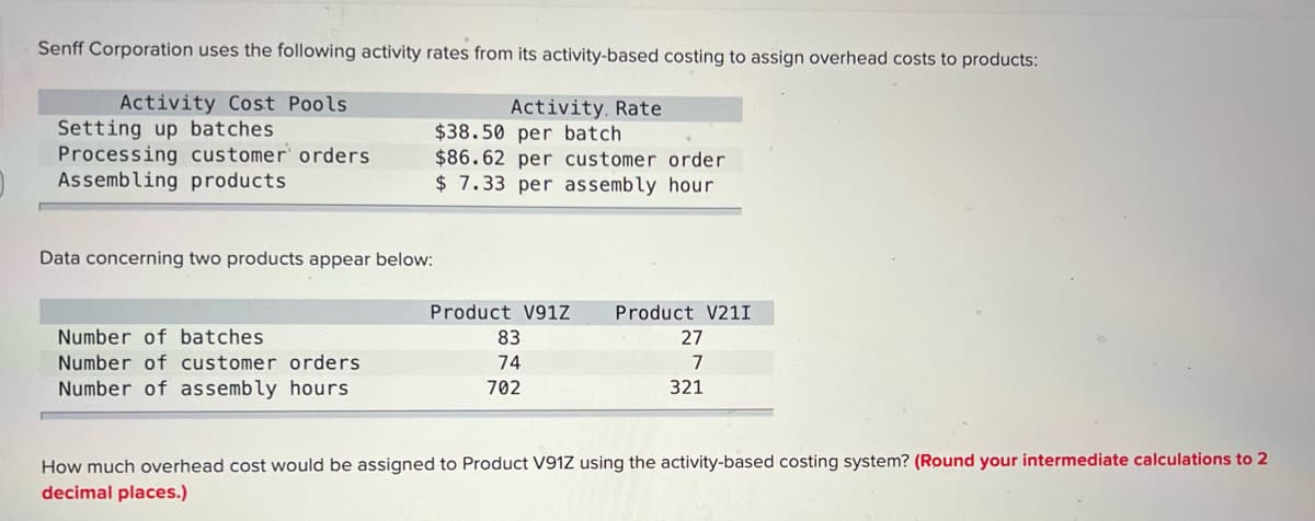 Senff Corporation uses the following activity rates from its activity-based costing to assign overhead costs to products:
Activity Cost Pools
Setting up batches
Processing customer orders
Assembling products
Activity. Rate
$38.50 per batch
$86.62 per customer order
$ 7.33 per assembly hour
Data concerning two products appear below:
Product V91Z
Product V21I
Number of batches
83
27
Number of customer orders
74
7
Number of assembly hours
702
321
How much overhead cost would be assigned to Product V91Z using the activity-based costing system? (Round your intermediate calculations to 2
decimal places.)
