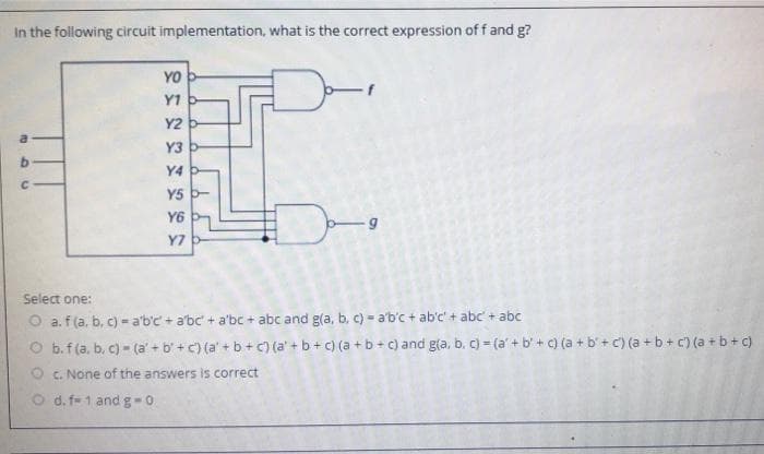In the following circuit implementation, what is the correct expression of f and g?
YO -
Y1 b
Y2 b
Y3 b
Y4 D
Y5 -
Y6 P
Y7
Select one:
O a. f (a, b, c) = a'b'c + a'bc + a'bc + abc and g(a, b, c) = a'b'c + ab'c' + abc + abc
O b.f (a, b. c) - (a' + b' + c) (a' + b + C) (a' + b+ c) (a + b+ c) and gla, b. c) = (a' + b' + c) (a + b' + c) (a + b+ c) (a +b+ c)
O c. None of the answers is correct
O d. f- 1 and g-0
