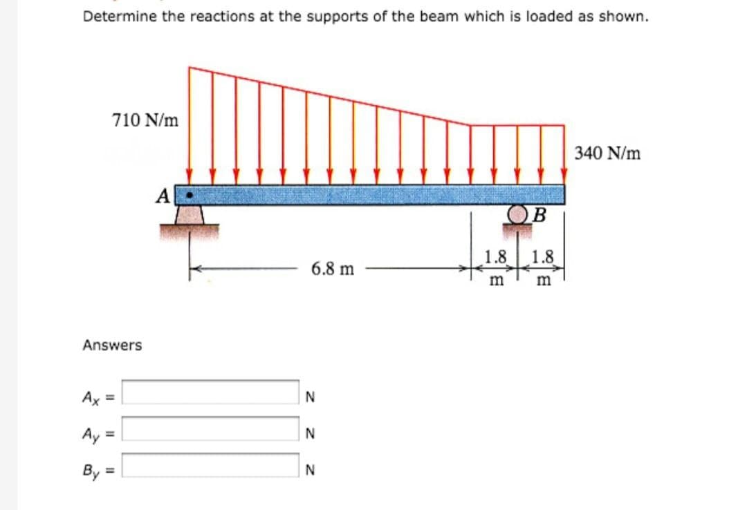 Determine the reactions at the supports of the beam which is loaded as shown.
710 N/m
Answers
Ax =
By =
A
6.8 m
N
N
N
OB
1.8
m
1.8
m
340 N/m