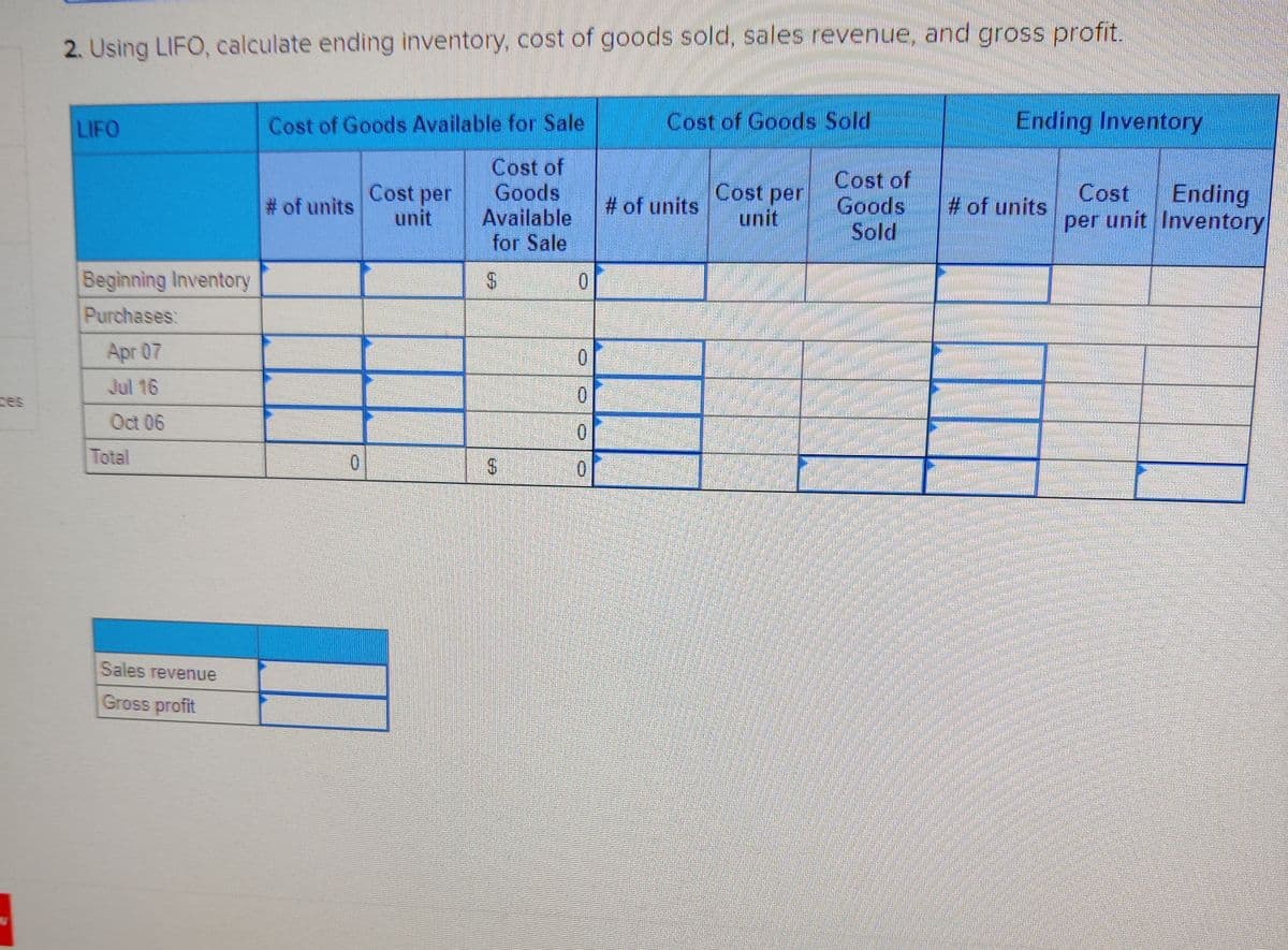 2. Using LIFO, calculate ending inventory, cost of goods sold, sales revenue, and gross profit.
LIFO
Cost of Goods Available for Sale
Cost of Goods Sold
Ending Inventory
Cost of
Goods
Available
for Sale
Cost of
Goods
Sold
Cost per
unit
Cost per
unit
Ending
Cost
# of units
# of units
# of units
per unit Inventory
Beginning Inventory
0.
Purchases:
Apr 07
Jul 16
ces
Oct 06
Total
0.
Sales revenue
Gross profit
%24
%24
