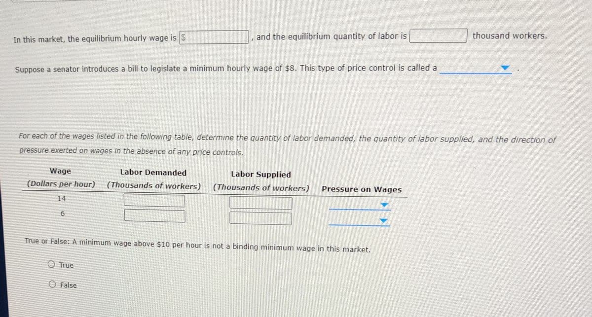 thousand workers.
and the equilibrium quantity of labor is
In this market, the equilibrium hourly wage is S
Suppose a senator introduces a bill to legislate a minimum hourly wage of $8. This type of price control is called a
For each of the wages listed in the following table, determine the quantity of labor demanded, the quantity of labor supplied, and the direction of
pressure exerted on wages in the absence of any price controls.
Wage
Labor Demanded
Labor Supplied
(Dollars per hour)
(Thousands of workers)
|(Thousands of workers)
Pressure on Wages
14
True or False: A minimum wage above $10 per hour is not a binding minimum wage in this market.
O True
O False
