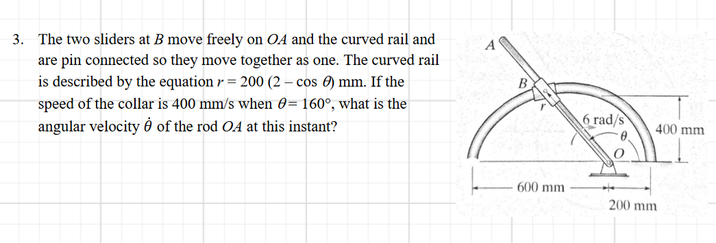 3. The two sliders at B move freely on OA and the curved rail and
are pin connected so they move together as one. The curved rail
is described by the equation r = 200 (2- cos ) mm. If the
speed of the collar is 400 mm/s when = 160°, what is the
angular velocity 0 of the rod OA at this instant?
ė
A
r
600 mm
6 rad/s
0.
400 mm
200 mm