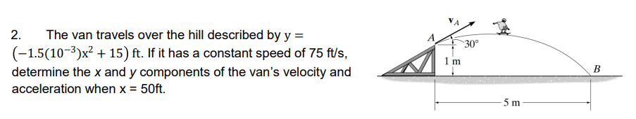 2.
The van travels over the hill described by y =
30°
(-1.5(10-3)x² + 15) ft. If it has a constant speed of 75 ft/s,
1 m
B
determine the x and y components of the van's velocity and
acceleration when x = 50ft.
5 m
