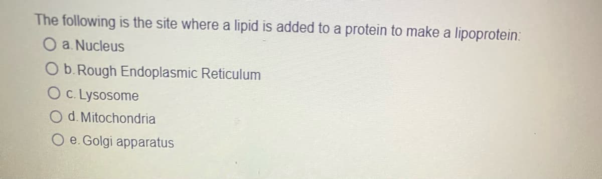 The following is the site where a lipid is added to a protein to make a lipoprotein:
O a. Nucleus
O b. Rough Endoplasmic Reticulum
O c. Lysosome
O d. Mitochondria
O e. Golgi apparatus