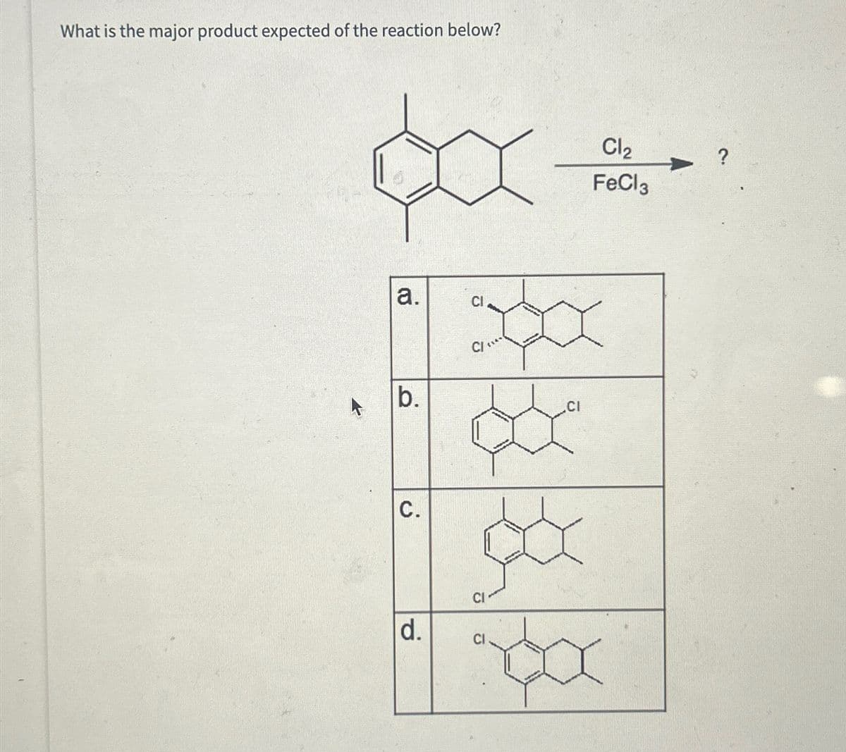 What is the major product expected of the reaction below?
a.
b.
C/
C.
ن
d.
CI
Cl2
?
FeCl3