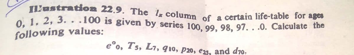 Il'ustration 22.9. The Iz column of a certain life-table for ages
O. 1. 2, 3. . .100 is given by series 10o, 99. 98, 97. . .0. Calculate the
following values:
e°o, Ts, L1, 910, p20, e2s, and d70.
