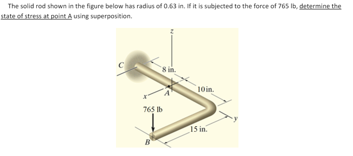 The solid rod shown in the figure below has radius of 0.63 in. If it is subjected to the force of 765 Ib, determine the
state of stress at point A using superposition.
C
8 in.
10 in.
765 lb
15 in.
B

