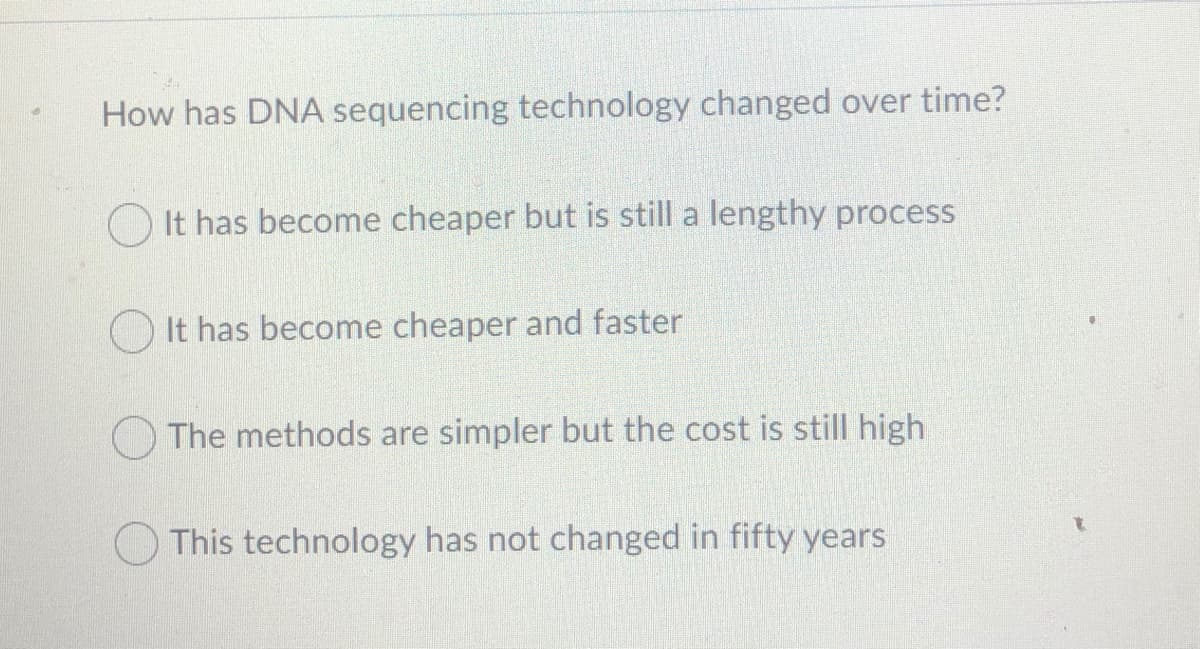 How has DNA sequencing technology changed over time?
It has become cheaper but is still a lengthy process
O It has become cheaper and faster
O The methods are simpler but the cost is still high
O This technology has not changed in fifty years
