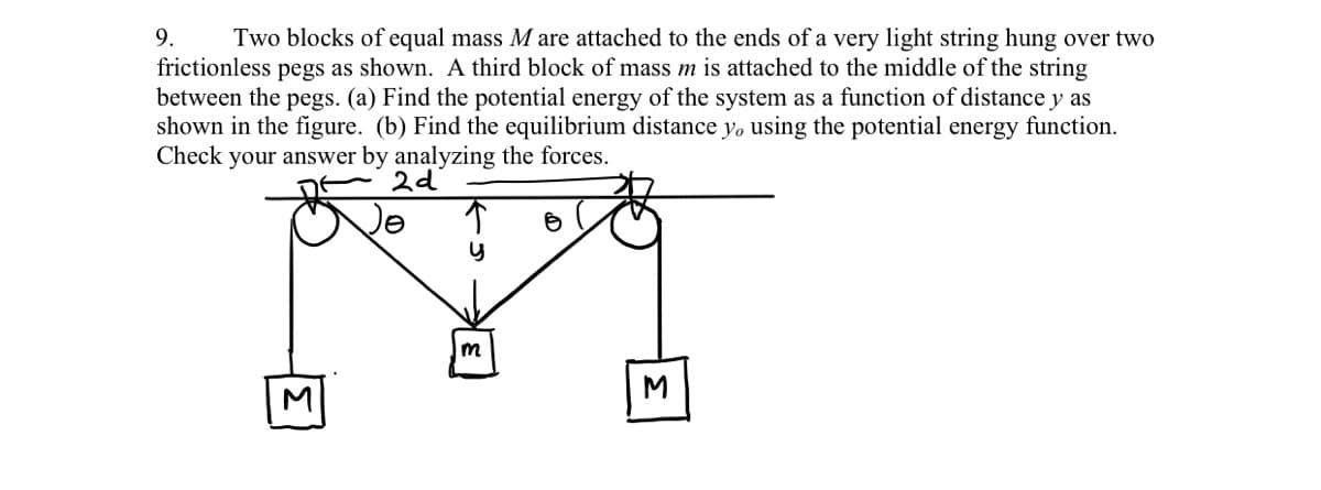 9.
Two blocks of equal mass M are attached to the ends of a very light string hung over two
frictionless pegs as shown. A third block of mass m is attached to the middle of the string
between the pegs. (a) Find the potential energy of the system as a function of distance y as
shown in the figure. (b) Find the equilibrium distance yo using the potential energy function.
Check your answer by analyzing the forces.
2d
m
M
M
