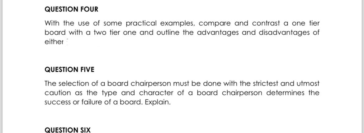 QUESTION FOUR
With the use of some practical examples, compare and contrast a one tier
board with a two tier one and outline the advantages and disadvantages of
either
QUESTION FIVE
The selection of a board chairperson must be done with the strictest and utmost
caution as the type and character of a board chairperson determines the
success or failure of a board. Explain.
QUESTION SIX
