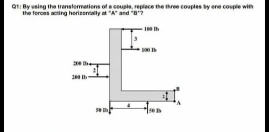 Q1: By using the transformations of a couplo, replace the three couples by one couple with
the forces acting horizontally at "A" and "B?
100 Ib
100 Ib
200 Ibe
200 Ib
50 Ib
50 Ib
