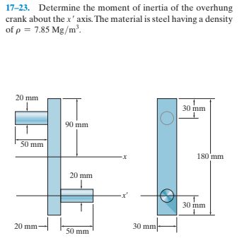 17-23. Determine the moment of inertia of the overhung
crank about the x' axis. The material is steel having a density
of p = 7.85 Mg/m'.
20 mm
30 mm
90 mm
50 mm
180 'mm
20 mm
30 mm
20 mm
30 mm
50 mm
