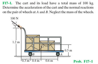 F17-1. The cart and its load have a total mass of 100 kg.
Determine the acceleration of the cart and the normal reactions
on the pair of wheels at A and B. Neglect the mass of the wheels.
100 N
1.2 m
0.5 m
OB
10.3 m' 0.4 m
0.6 m
Prob. F17-1
