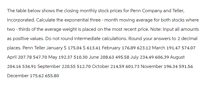The table below shows the closing monthly stock prices for Penn Company and Teller,
Incorporated. Calculate the exponential three-month moving average for both stocks where
two-thirds of the average weight is placed on the most recent price. Note: Input all amounts
as positive values. Do not round intermediate calculations. Round your answers to 2 decimal
places. Penn Teller January $ 175.04 $ 613.41 February 176.89 623.12 March 191.47 574.07
April 207.78 547.70 May 192.37 510.30 June 208.63 495.58 July 234.49 606.39 August
204.16 536.91 September 220.55 512.70 October 214.59 601.73 November 196.34 591.56
December 175.62 655.80