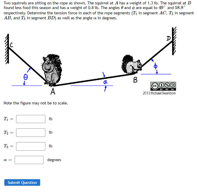Two squirrels are sitting on the rope as shown. The squirrel at A has a weight of 1.3 lb. The squirrel at B
found less food this season and has a weight of 0.8 lb. The angles and are equal to 49° and 58.8°
respectively. Determine the tension force in each of the rope segments (T₁ in segment AC, T₂ in segment
AB, and T3 in segment BD) as well as the angle a in degrees.
A
Note the figure may not be to scale.
T₁
=
T₂ =
T3
=
Ө
α =
10
Submit Question
lb
lb
lb
degrees
a
↑
B
D
cc 130
BY NC SA
2013 Michael Swanbom