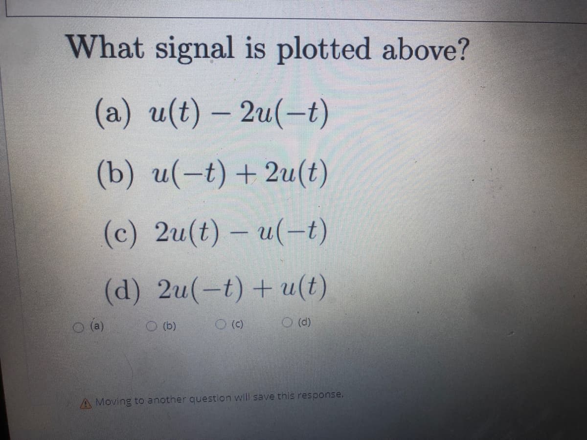 What signal is plotted above?
(a) u(t) – 2u(-t)
(b) u(-t) + 2u(t)
(c) 2u(t) – u(-t)
(d) 2u(-t) + u(t)
O (b)
O()
O (d)
A Moving to another question willl save this response.
