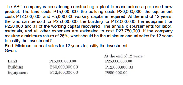 The ABC company is considering constructing a plant to manufacture a proposed new
product. The land costs P15,000,000, the building costs P30,000,000, the equipment
costs P12,500,000, and P5,000,000 working capital is required. At the end of 12 years,
the land can be sold for P25,000,000, the building for P12,000,000, the equipment for
P250,000 and all of the working capital recovered. The annual disbursements for labor,
materials, and all other expenses are estimated to cost P23,750,000. If the company
requires a minimum return of 25%, what should be the minimum annual sales for 12 years
to justify the investment?
Find: Minimum annual sales for 12 years to justify the investment
Given:
At the end of 12 years
P25,000,000.00
Land
P15,000,000.00
Building
P30,000,000.00
P12,000,000.00
Equipment
P12,500,000.00
P250,000.00
