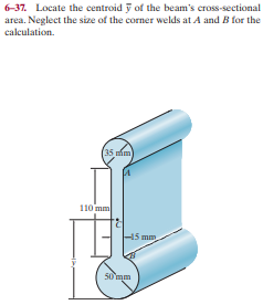 6-37. Locate the centroid y of the beam's cross-sectional
area. Neglect the size of the corner welds at A and B for the
calculation.
(35 mim)
110 mm
5 mm
50'mm
