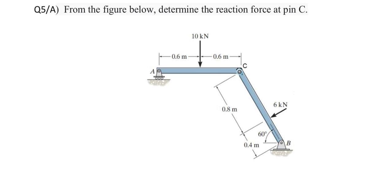 Q5/A) From the figure below, determine the reaction force at pin C.
A
000
0.6 m
10 kN
0.6 m
0.8 m
60°
0.4 m
6 kN
OB