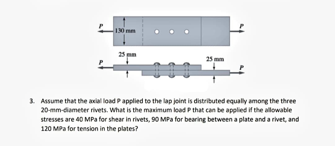 P
130 mm
25 mm
25 mm
P
P
3. Assume that the axial load P applied to the lap joint is distributed equally among the three
20-mm-diameter rivets. What is the maximum load P that can be applied if the allowable
stresses are 40 MPa for shear in rivets, 90 MPa for bearing between a plate and a rivet, and
120 MPa for tension in the plates?