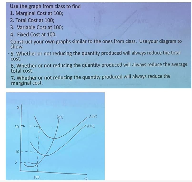 Use the graph from class to find
1. Marginal Cost at 100;
2. Total Cost at 100;
3. Variable Cost at 100;
4. Fixed Cost at 100.
Construct your own graphs similar to the ones from class. Use your diagram to
show
. 5. Whether or not reducing the quantity produced will always reduce the total
cost.
6. Whether or not reducing the quantity produced will always reduce the average
total cost.
7. Whether or not reducing the quantity produced will always reduce the
marginal cost.
59
30
10-
5
MC
ATC
AVC
100
0