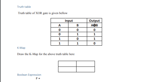 Truth table
Truth table of XOR gate is given bellow
Input
Output
AOB
A
B
1
1
1
1
1
1
К-Мар
Draw the K-Map for the above truth table here
Boolean Expression
F =
