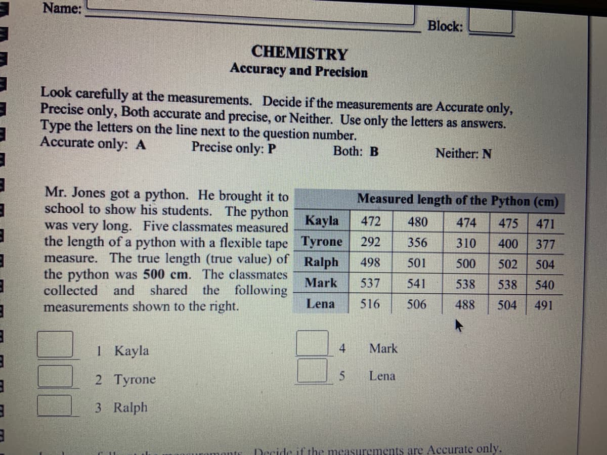 3
3
1
1
3
3
3
Name:
CHEMISTRY
Accuracy and Precision
Look carefully at the measurements. Decide if the measurements are Accurate only,
Precise only, Both accurate and precise, or Neither. Use only the letters as answers.
Type the letters on the line next to the question number.
Accurate only: A
Precise only: P
Both: B
Neither: N
Mr. Jones got a python. He brought it to
school to show his students. The python
was very long. Five classmates measured
the length of a python with a flexible tape
measure. The true length (true value) of
the python was 500 cm. The classmates
collected and shared the following
measurements shown to the right.
1
Kayla
2 Tyrone
3 Ralph
4
5
Block:
Measured length of the Python (cm)
474 475 471
310
400
377
500
502
504
538 538 540
488 504 491
Kayla
472
480
292
356
Tyrone
Ralph
498
501
Mark
537 541
Lena 516 506
Mark
Lena
Decide if the measurements are Accurate only.