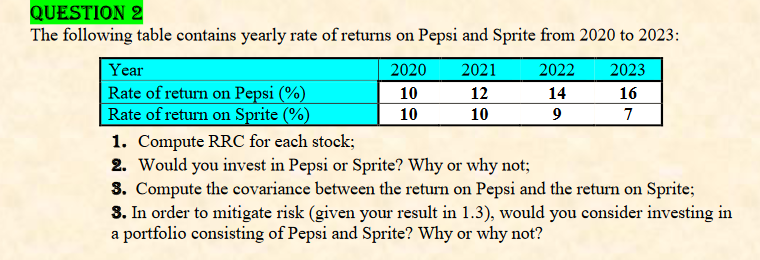 QUESTION 2
The following table contains yearly rate of returns on Pepsi and Sprite from 2020 to 2023:
Year
Rate of return on Pepsi (%)
Rate of return on Sprite (%)
2020
10
10
2021
12
10
2022 2023
14
16
9
7
1. Compute RRC for each stock;
2. Would you invest in Pepsi or Sprite? Why or why not;
3. Compute the covariance between the return on Pepsi and the return on Sprite;
3. In order to mitigate risk (given your result in 1.3), would you consider investing in
a portfolio consisting of Pepsi and Sprite? Why or why not?
