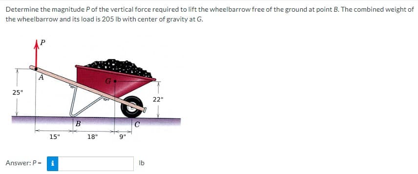 Determine the magnitude P of the vertical force required to lift the wheelbarrow free of the ground at point B. The combined weight of
the wheelbarrow and its load is 205 lb with center of gravity at G.
25"
A
Answer: P =
15"
i
B
18"
G
9"
C
0
lb
22"