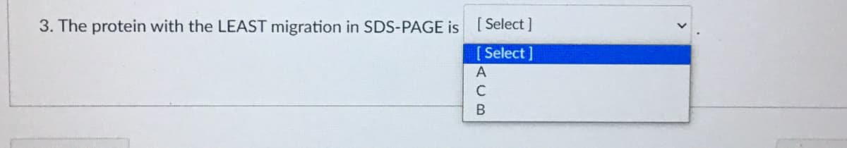 3. The protein with the LEAST migration in SDS-PAGE is
[ Select ]
[ Select ]
A
