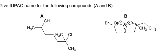 Give IUPAC name for the following compounds (A and B):
A
CH3
Br.
H3C-
CH3 CH3
H3C CI
CH3
