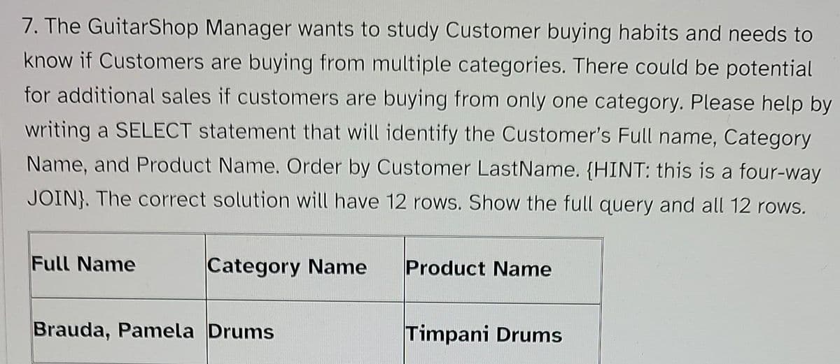 7. The GuitarShop Manager wants to study Customer buying habits and needs to
know if Customers are buying from multiple categories. There could be potential
for additional sales if customers are buying from only one category. Please help by
writing a SELECT statement that will identify the Customer's Full name, Category
Name, and Product Name. Order by Customer LastName. {HINT: this is a four-way
JOIN}. The correct solution will have 12 rows. Show the full query and all 12 rows.
Full Name
Category Name
Product Name
Brauda, Pamela Drums
Timpani Drums
