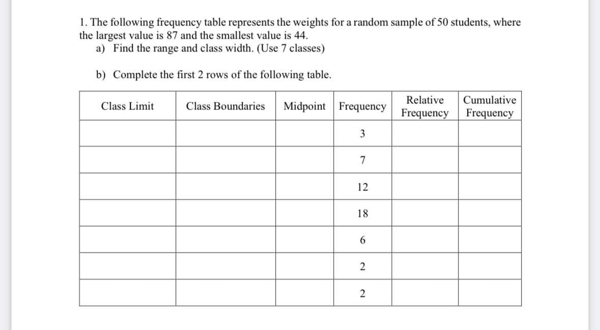 1. The following frequency table represents the weights for a random sample of 50 students, where
the largest value is 87 and the smallest value is 44.
a) Find the range and class width. (Use 7 classes)
b) Complete the first 2 rows of the following table.
Class Limit
Class Boundaries Midpoint Frequency
Relative Cumulative
Frequency
Frequency
3
7
12
18
6
2
2