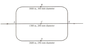 3000 m, 300-mm diameter
A
E
1300 m, 200-mm diameter
D
2600 m, 250-mm diameter
