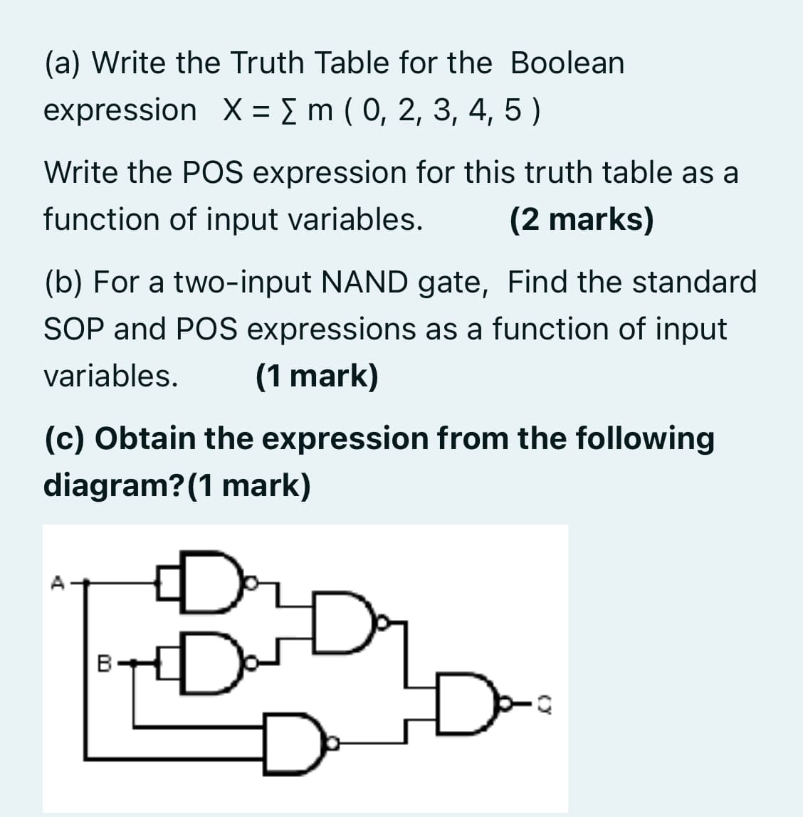 (a) Write the Truth Table for the Boolean
expression X = E m ( 0, 2, 3, 4, 5 )
%3D
Write the POS expression for this truth table as a
function of input variables.
(2 marks)
(b) For a two-input NAND gate, Find the standard
SOP and POS expressions as a function of input
variables.
(1 mark)
(c) Obtain the expression from the following
diagram?(1 mark)
A
B

