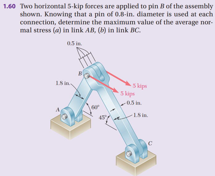 1.60 Two horizontal 5-kip forces are applied to pin B of the assembly
shown. Knowing that a pin of 0.8-in. diameter is used at each
connection, determine the maximum value of the average nor-
mal stress (a) in link AB, (b) in link BC.
0.5 in.
B
1.8 in.
5 kips
5 kips
- 0.5 in.
А
60°
- 1.8 in.
45°
C
