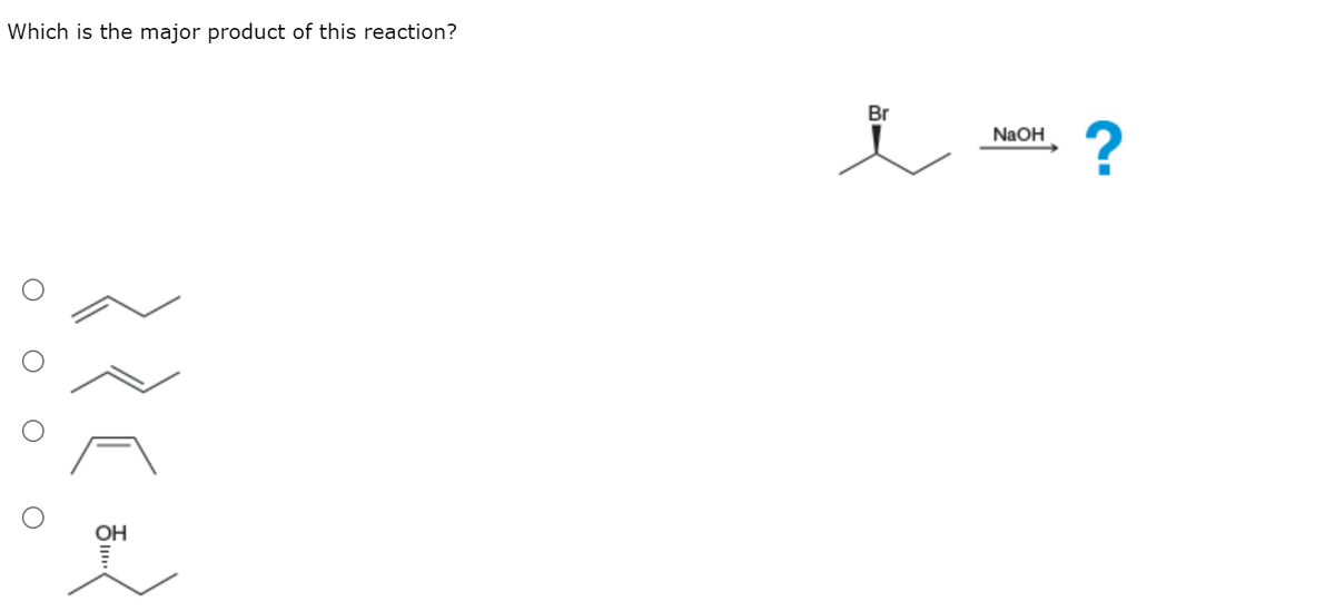 Which is the major product of this reaction?
Br
?
NaOH
OH
