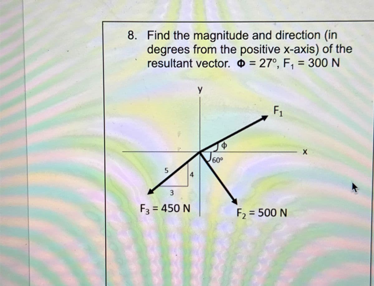 8. Find the magnitude and direction (in
degrees from the positive x-axis) of the
resultant vector. = 27°, F₁ = 300 N
y
$
60°
F1
3
F3 = 450 N
F₂ = 500 N
X