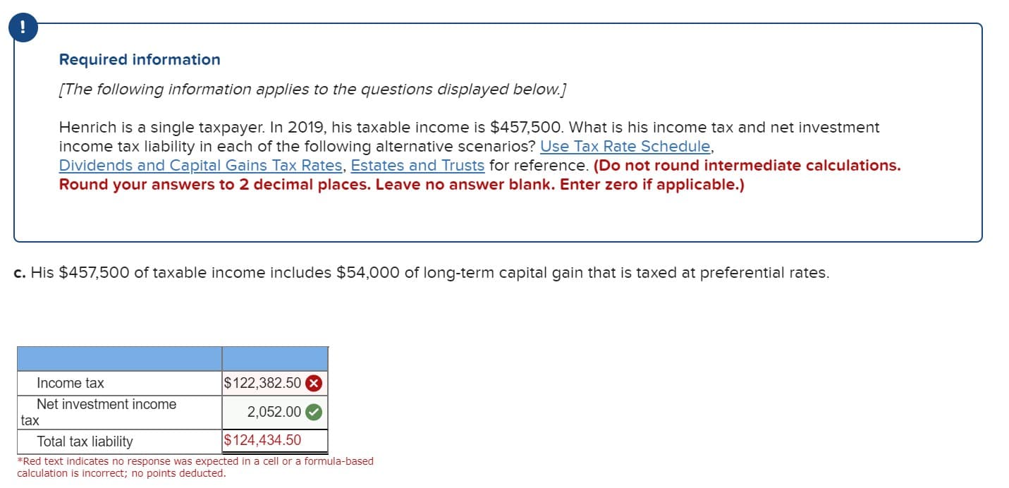 !
Required information
[The following information applies to the questions displayed below.]
Henrich is a single taxpayer. In 2019, his taxable income is $457,500. What is his income tax and net investment
income tax liability in each of the following alternative scenarios? Use Tax Rate Schedule,
Dividends and Capital Gains Tax Rates, Estates and Trusts for reference. (Do not round intermediate calculations.
Round your answers to 2 decimal places. Leave no answer blank. Enter zero if applicable.)
c. His $457,500 of taxable income includes $54,000 of long-term capital gain that is taxed at preferential rates.
Income tax
$122,382.50
Net investment income
2,052.00
tax
Total tax liability
$124,434.50
*Red text indicates no response was expected in a cell or a formula-based
calculation is incorrect; no points deducted.
