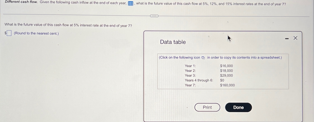 Different cash flow. Given the following cash inflow at the end of each year, what is the future value of this cash flow at 5%, 12%, and 15% interest rates at the end of year 7?
.
What is the future value of this cash flow at 5% interest rate at the end of year 7?
(Round to the nearest cent.)
Data table
(Click on the following icon in order to copy its contents into a spreadsheet.)
Year 1:
Year 2:
$16,000
$18,000
$29,000
Years 4 through 6:
Year 7:
$0
$160,000
Year 3:
Print
Done
- X