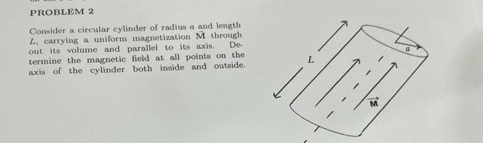PROBLEM 2
Consider a circular cylinder of radius a and length
L, carrying a uniform magnetization M through
out its volume and parallel to its axis.
termine the magnetic field at all points on the
axis of the cylinder both inside and outside.
De-
M