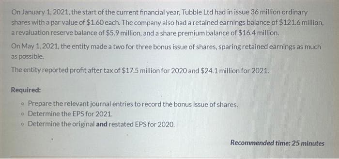 On January 1, 2021, the start of the current financial year, Tubble Ltd had in issue 36 million ordinary
shares with a par value of $1.60 each. The company also had a retained earnings balance of $121.6 million,
a revaluation reserve balance of $5.9 million, and a share premium balance of $16.4 million.
On May 1, 2021, the entity made a two for three bonus issue of shares, sparing retained earnings as much
as possible.
The entity reported profit after tax of $17.5 million for 2020 and $24.1 million for 2021.
Required:
o Prepare the relevant journal entries to record the bonus issue of shares.
o Determine the EPS for 2021.
o Determine the original and restated EPS for 2020.
Recommended time: 25 minutes
