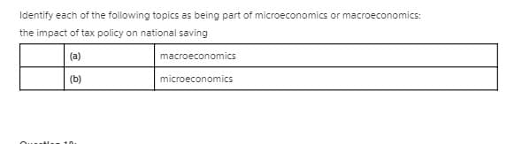 Identify each of the following topics as being part of microeconomics or macroeconomics:
the impact of tax policy on national saving
(a)
macroeconomics
(b)
microeconomics
