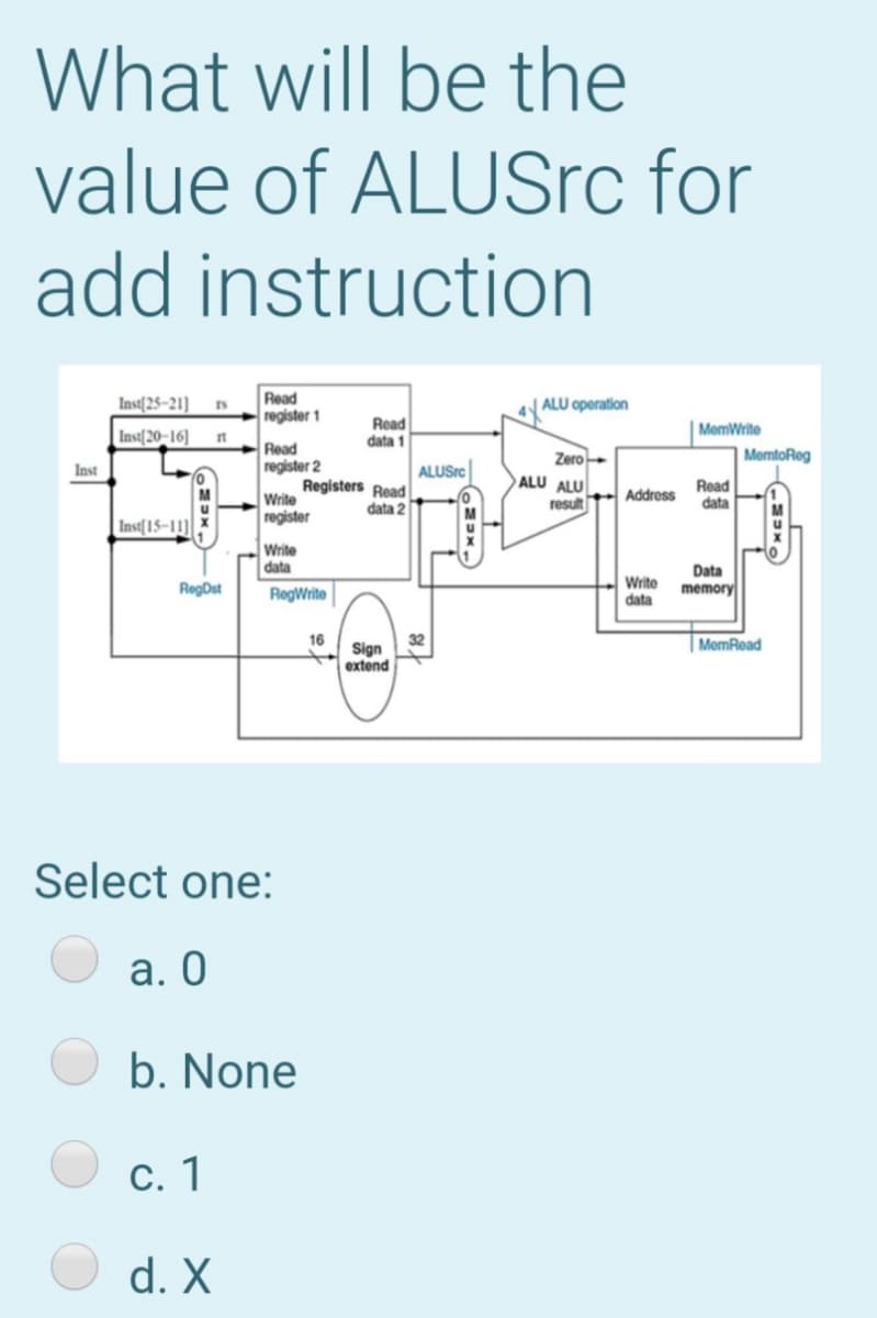 What will be the
value of ALUSrc for
add instruction
Inst[25–21] rs
Read
register 1
ALU operation
Read
data 1
Inst[20–16] n
MemWrite
Read
register 2
Registers Read
Write
register
MemtoReg
Zero
ALU ALU
result
Inst
ALUSrc
Read
data
Address
data 2
Inst[15–11]|
Write
data
Write
data
Data
memory
RegDst
RegWrite
16
MemRead
Sign
extend
Select one:
а. О
b. None
С. 1
d. X
