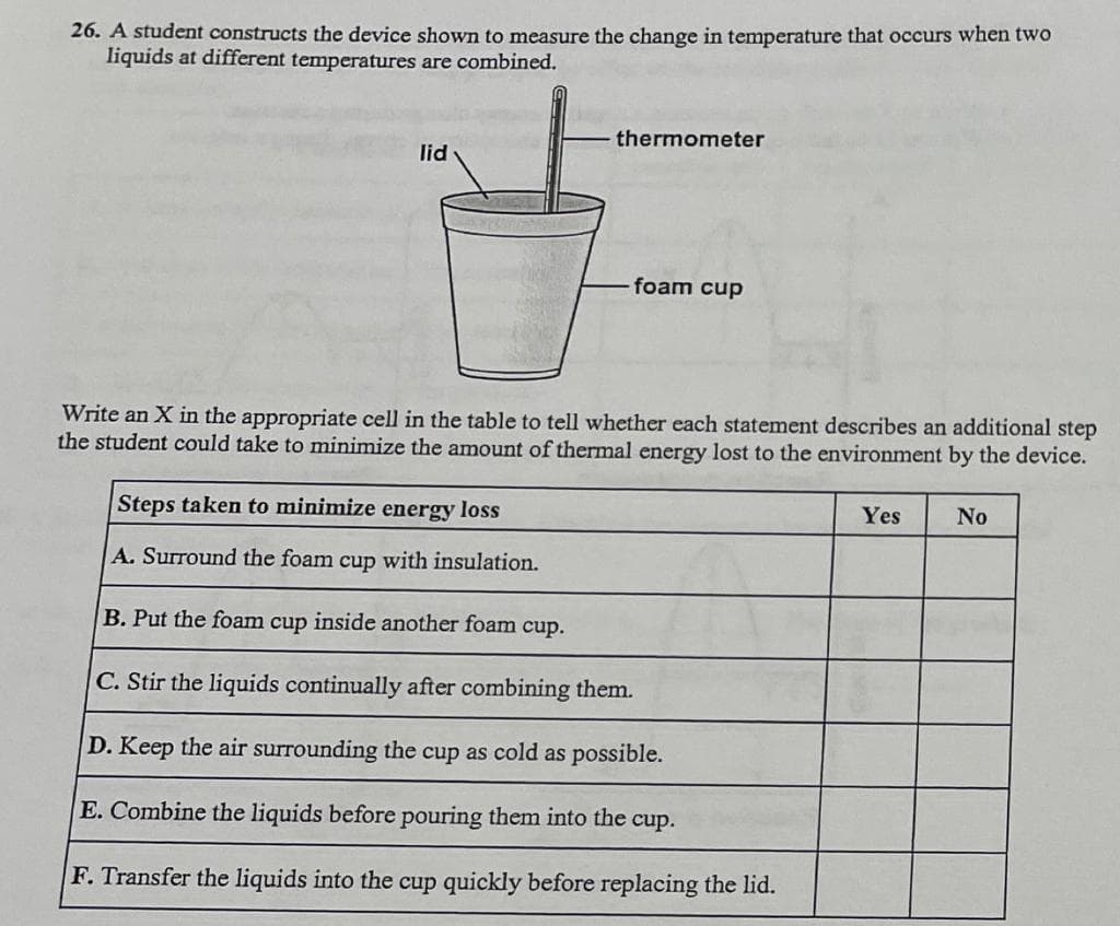 26. A student constructs the device shown to measure the change in temperature that occurs when two
liquids at different temperatures are combined.
thermometer
lid
foam cup
Write an X in the appropriate cell in the table to tell whether each statement describes an additional step
the student could take to minimize the amount of thermal energy lost to the environment by the device.
Steps taken to minimize energy loss
Yes
No
A. Surround the foam cup with insulation.
B. Put the foam cup inside another foam cup.
C. Stir the liquids continually after combining them.
D. Keep the air surrounding the cup as cold as possible.
E. Combine the liquids before pouring them into the cup.
F. Transfer the liquids into the cup quickly before replacing the lid.