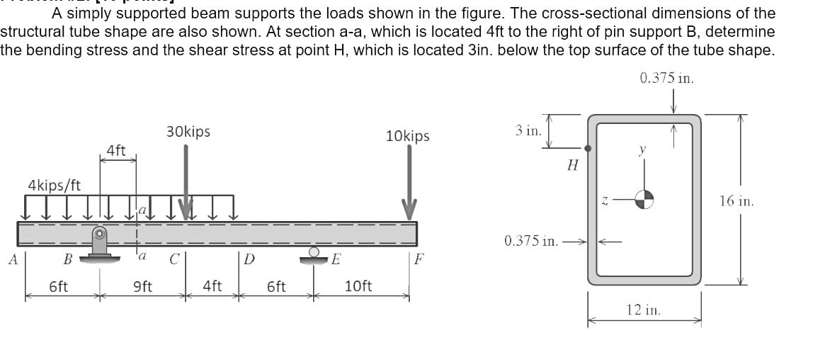 A simply supported beam supports the loads shown in the figure. The cross-sectional dimensions of the
structural tube shape are also shown. At section a-a, which is located 4ft to the right of pin support B, determine
the bending stress and the shear stress at point H, which is located 3in. below the top surface of the tube shape.
0.375 in.
3 in.
30kips
10kips
4ft
4kips/ft
16 in.
FITMENII
0.375 in.
A
B
D
F
9ft
4ft
6ft
6ft
E
10ft
H
12 in.