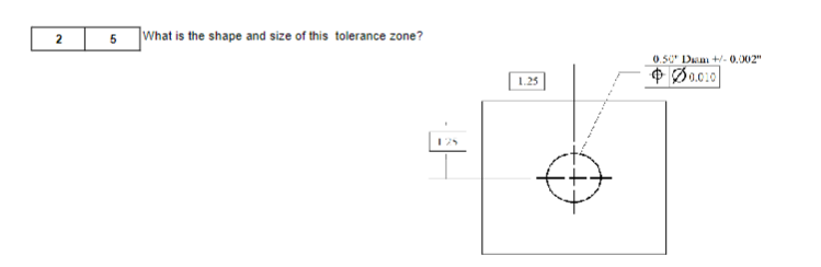 2
5
What is the shape and size of this tolerance zone?
1.25
0.50 Diam +/-0.002"
0.010