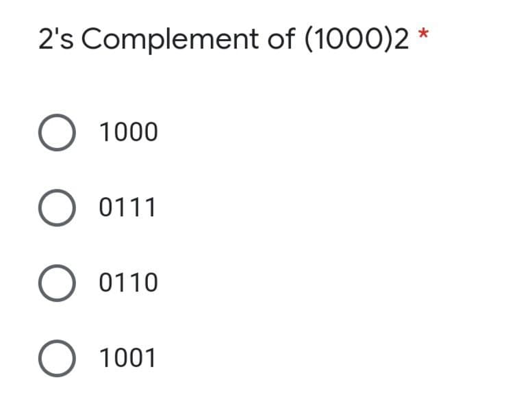 2's Complement of (1000)2 *
1000
O 0111
0110
O 1001
O O
